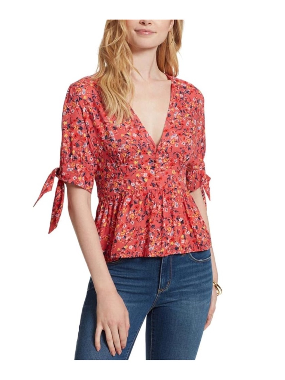 ★ NWT Jessica Simpson Boho Retro Style Floral Tie Back Blouse - Dark Peach ★